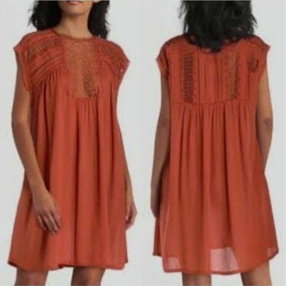 Anthropologie See U Soon Size S Burnt Orange  Boho Lace Babydoll Mini Dress